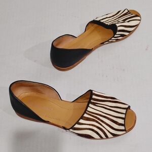 Women’s Zebra Print Leather Upper Open Toe Flats - Black & White Size 9.5